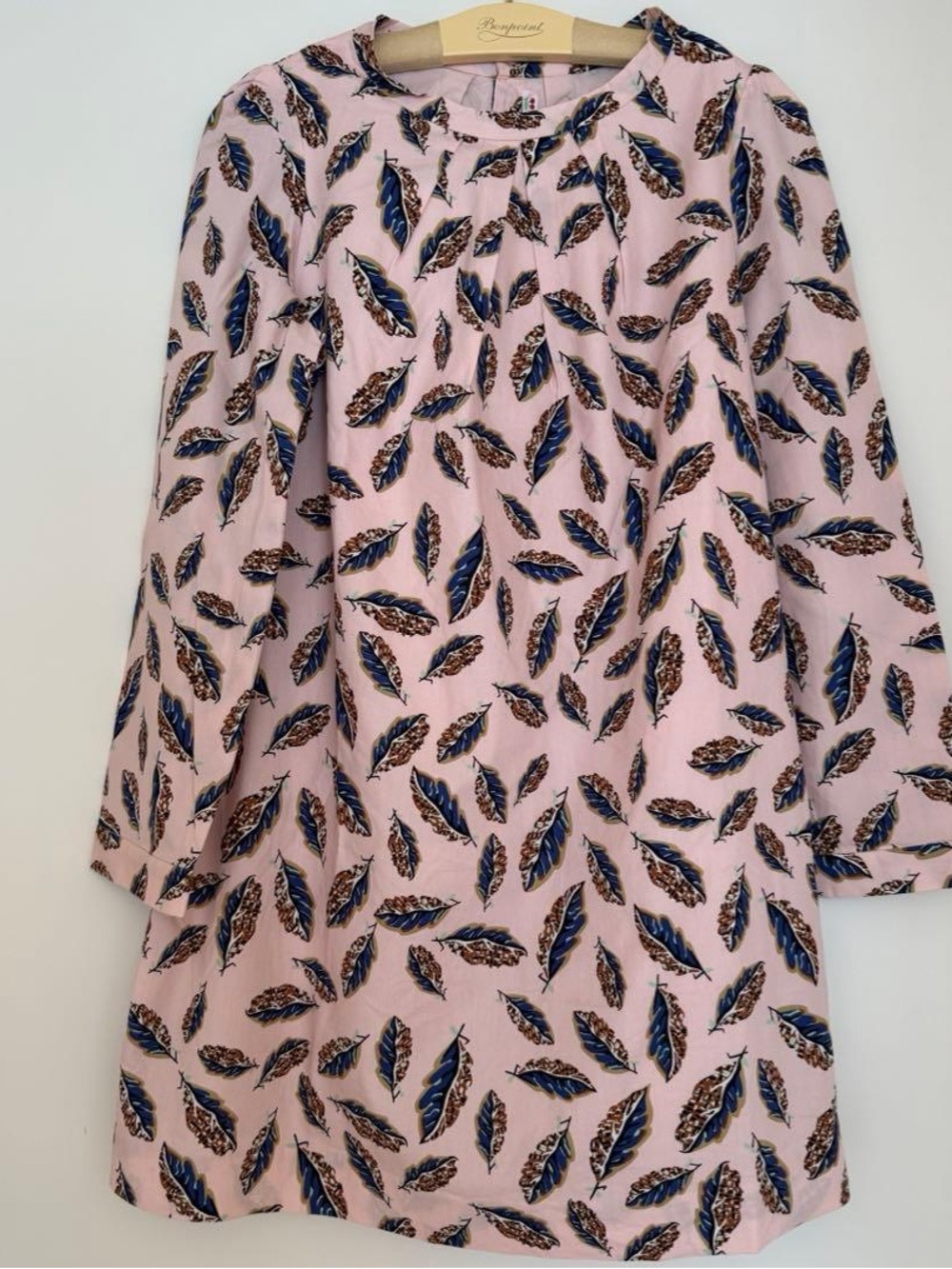 Bonpoint Pink Dress with Blue and Brown Feather Print
